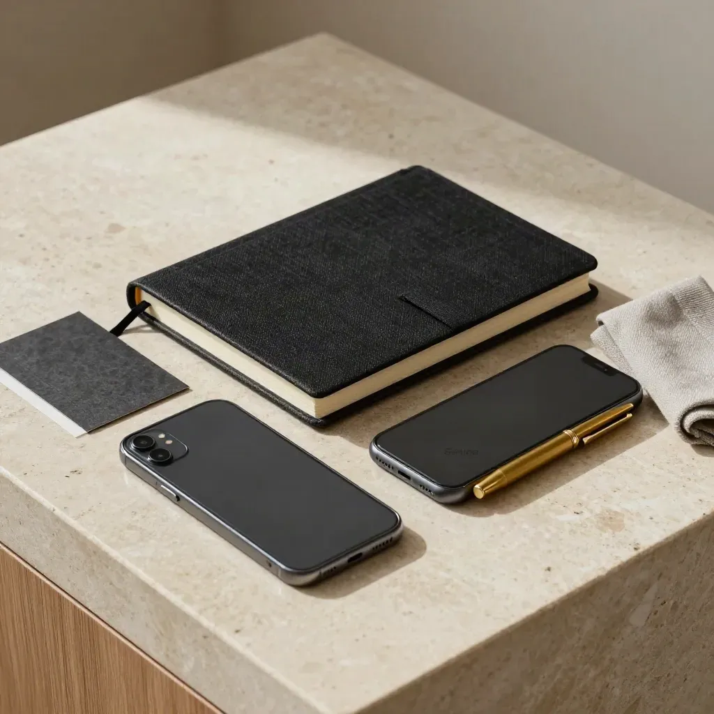 Notebook, telefoon en pen op lichte steen voor een lesafspraak.