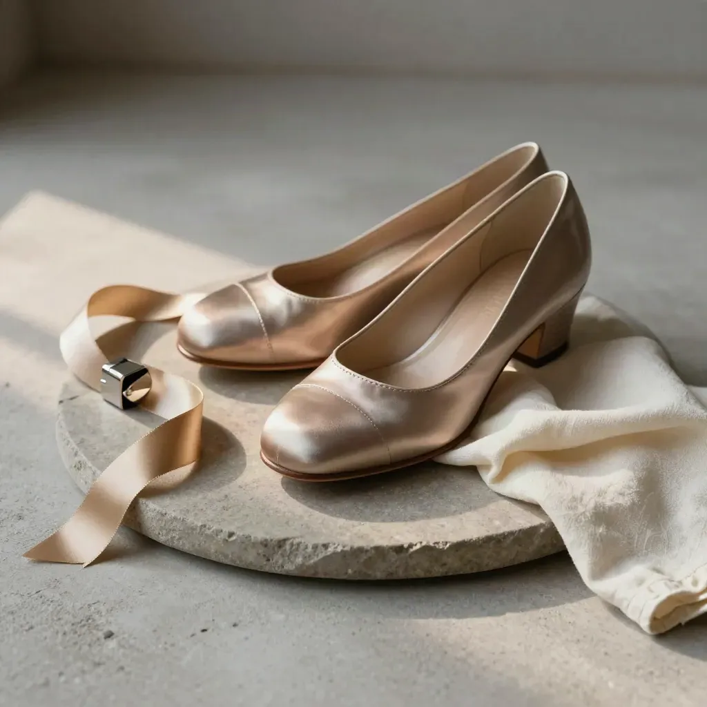 Ballroomdansschoenen met goud lint en glanzend barre-einde op een stenen tray.
