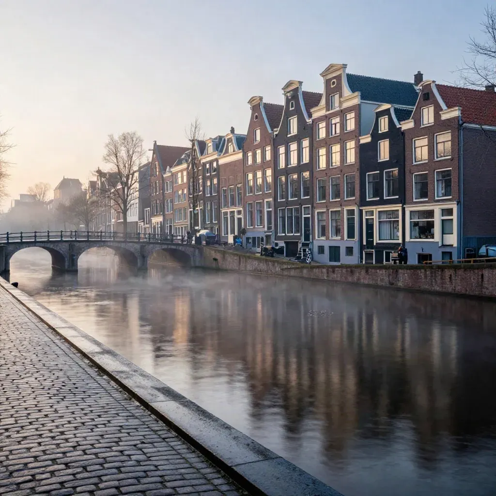 Mistige Amsterdamse gracht met brug en daken bij zonsopkomst.