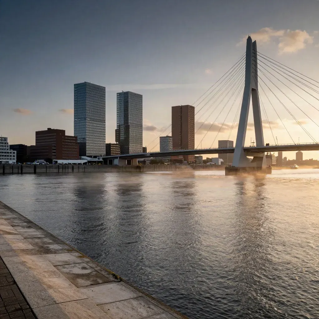 Rotterdam skyline met de Erasmusbrug in gouden avondlicht boven de Maas.