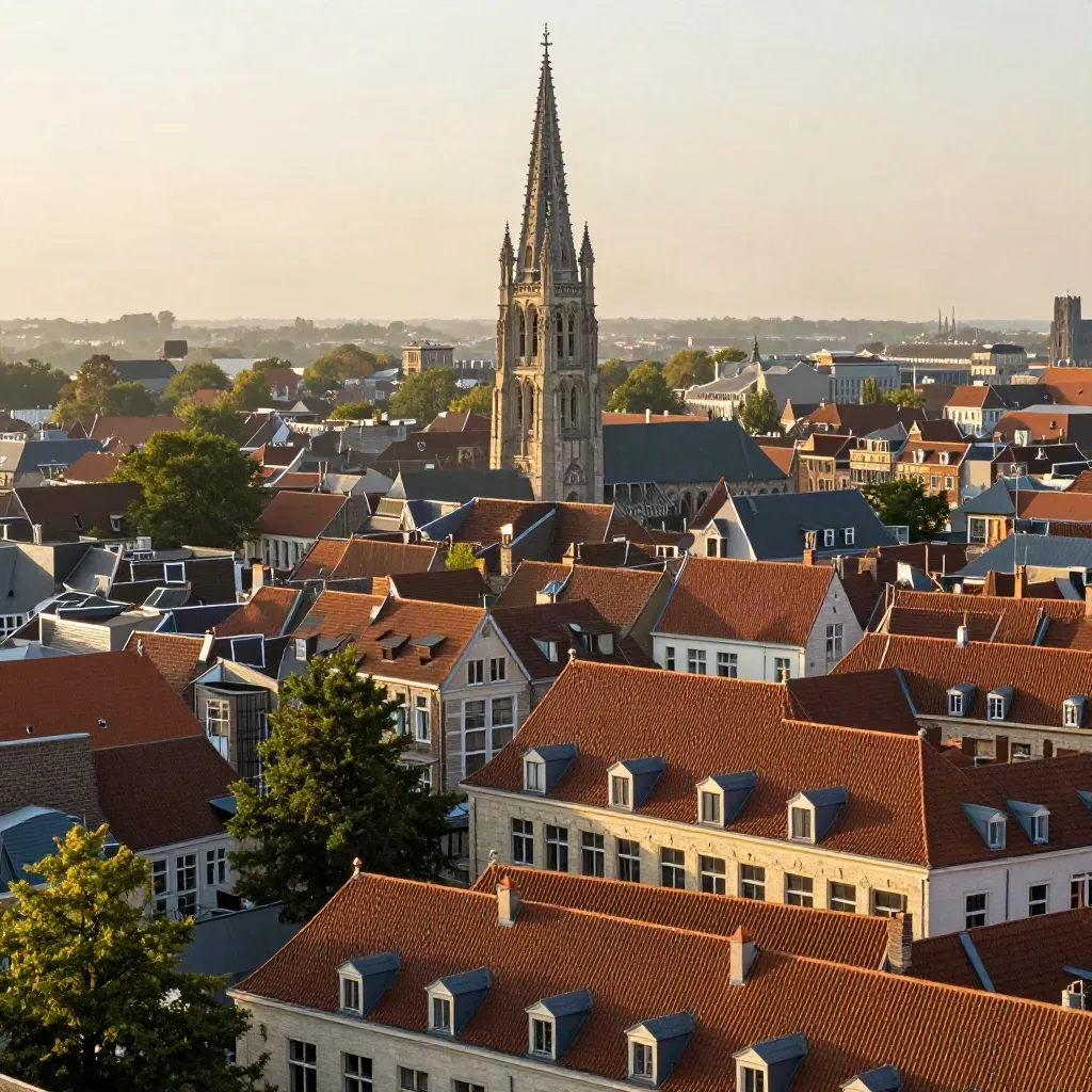 Uitzicht op de Domtoren boven terracotta daken in zachte avondmist.