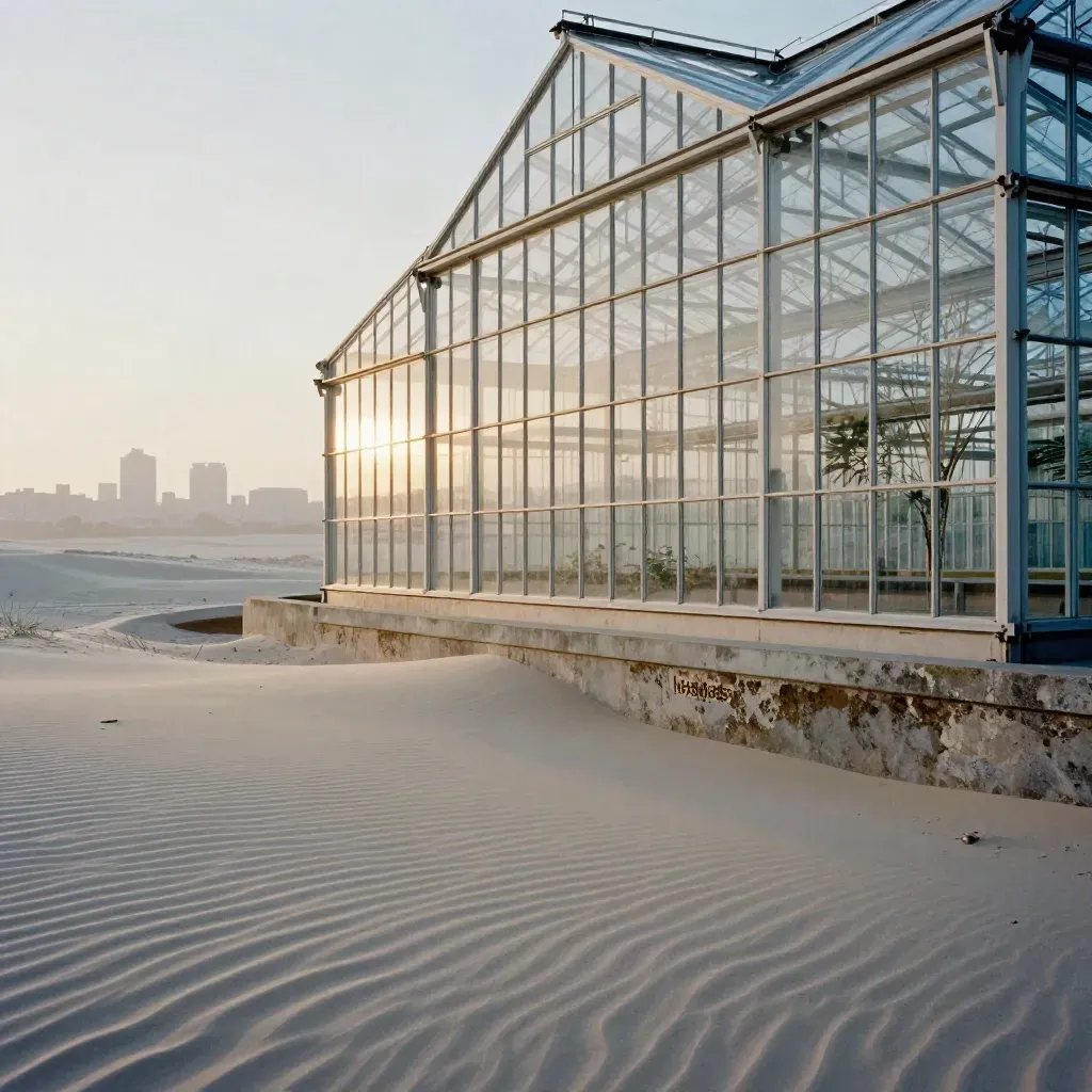 Glas van kassen in Westland met verre skyline van Den Haag en zachte duinen.
