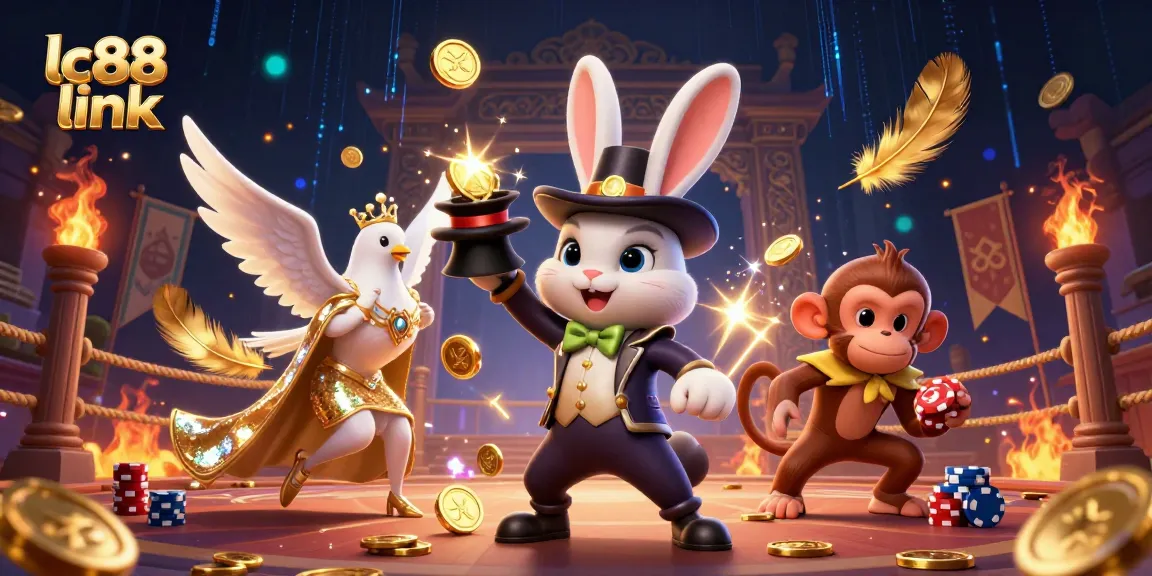 Engage with the vibrant lc88 link as a magician rabbit pulls golden coins in a casino-themed scene.