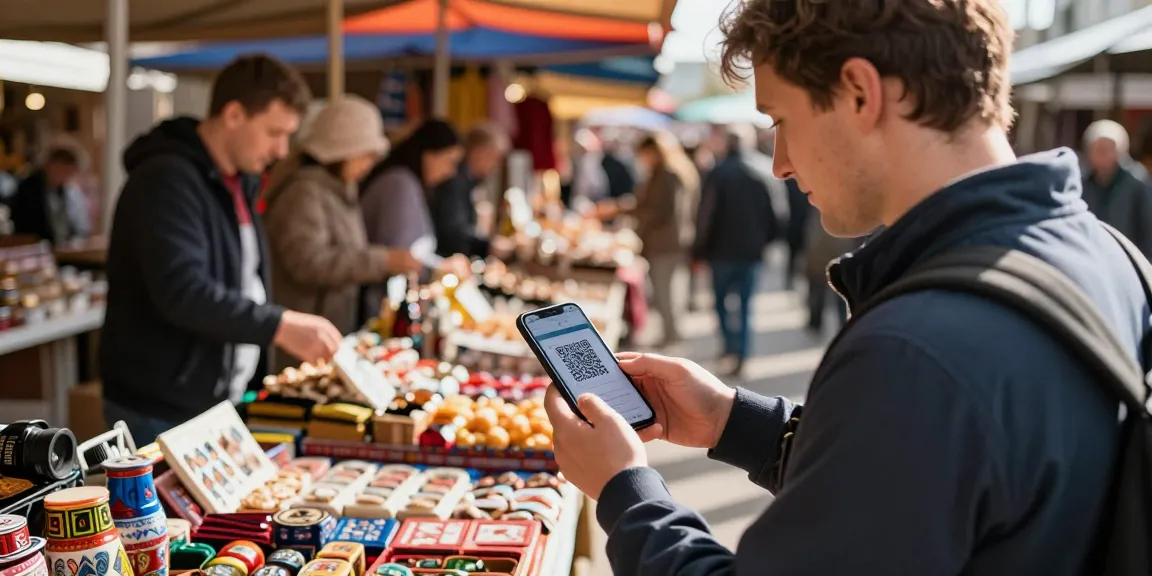 Bezoeker gebruikt https://payinrussia.com/ om mobiel te betalen in een drukke Russische markt met lokale producten.