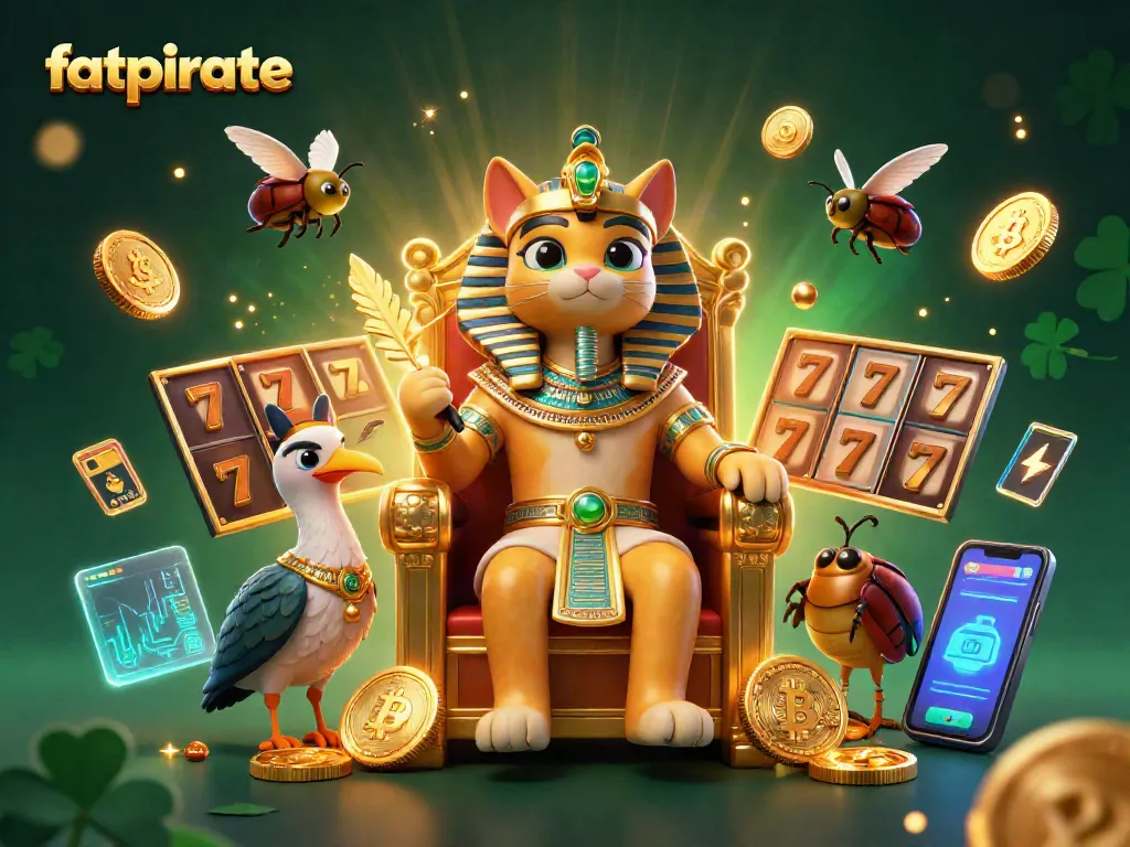 Experience the vibrant world of fatpirate with unique game elements, featuring a pharaoh cat and diverse gaming symbols.