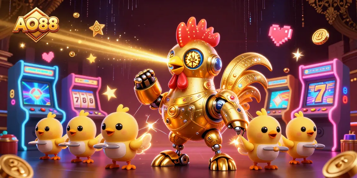 Engage in the colorful AO88 casino world with a dynamic retro-futuristic golden rooster robot and baby chick drones.