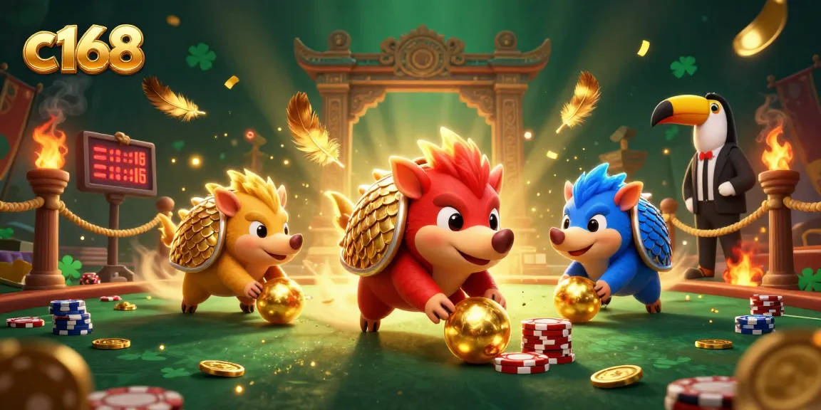 Experience thrilling gaming at c168 with rival pangolins competing in a colorful casino scene!