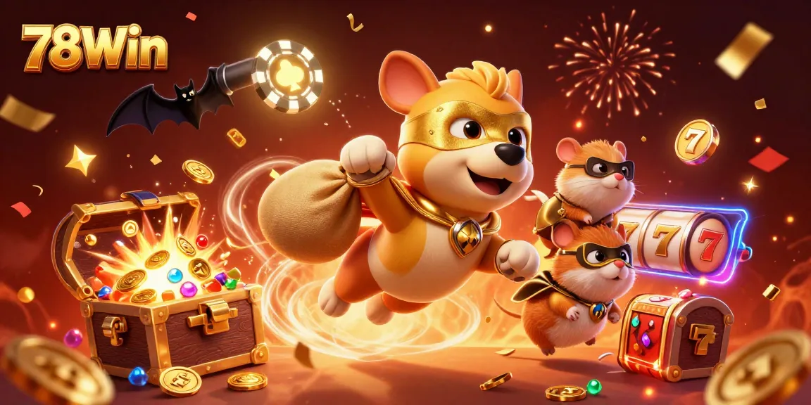 Experience excitement with 78Win as a superhero dog collects jackpots amidst casino treasures.