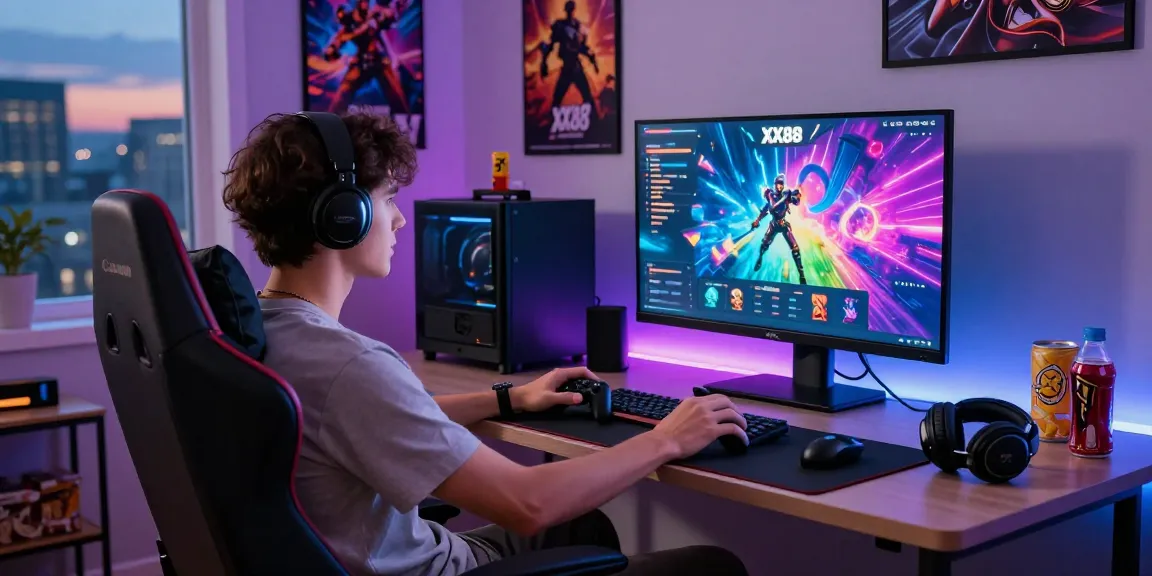 Dynamic gameplay at XX88 with a gamer immersed, showcasing vibrant graphics and engaging atmosphere.