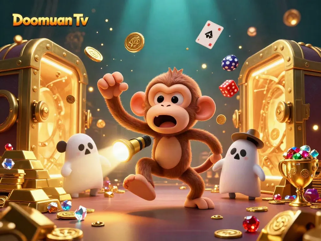 Doomuan Tv captures the thrill of gambling with a poltergeist monkey juggling golden casino treasures in a vivid scene.