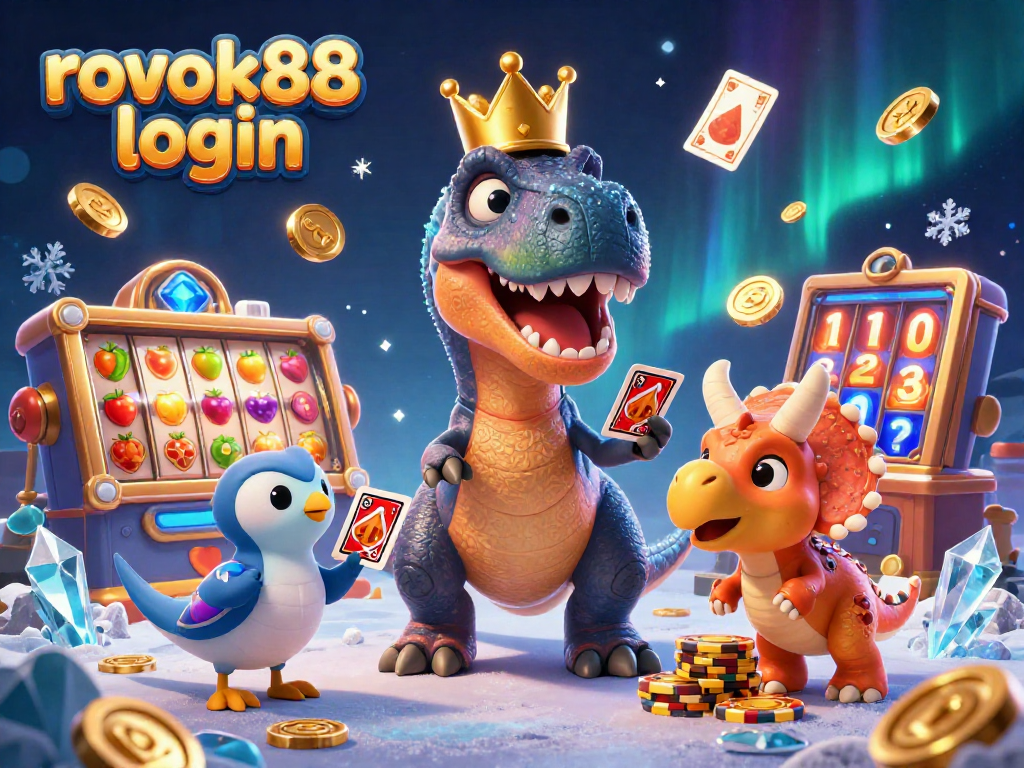 Play slots with rokok88 login – a cartoon T-Rex shuffles cards and a triceratops stacks chips.