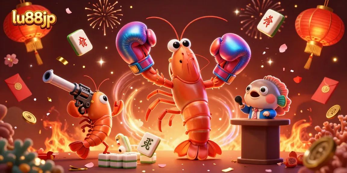 Engage with lu88jp in a vibrant online casino scene featuring energetic characters and festive elements.