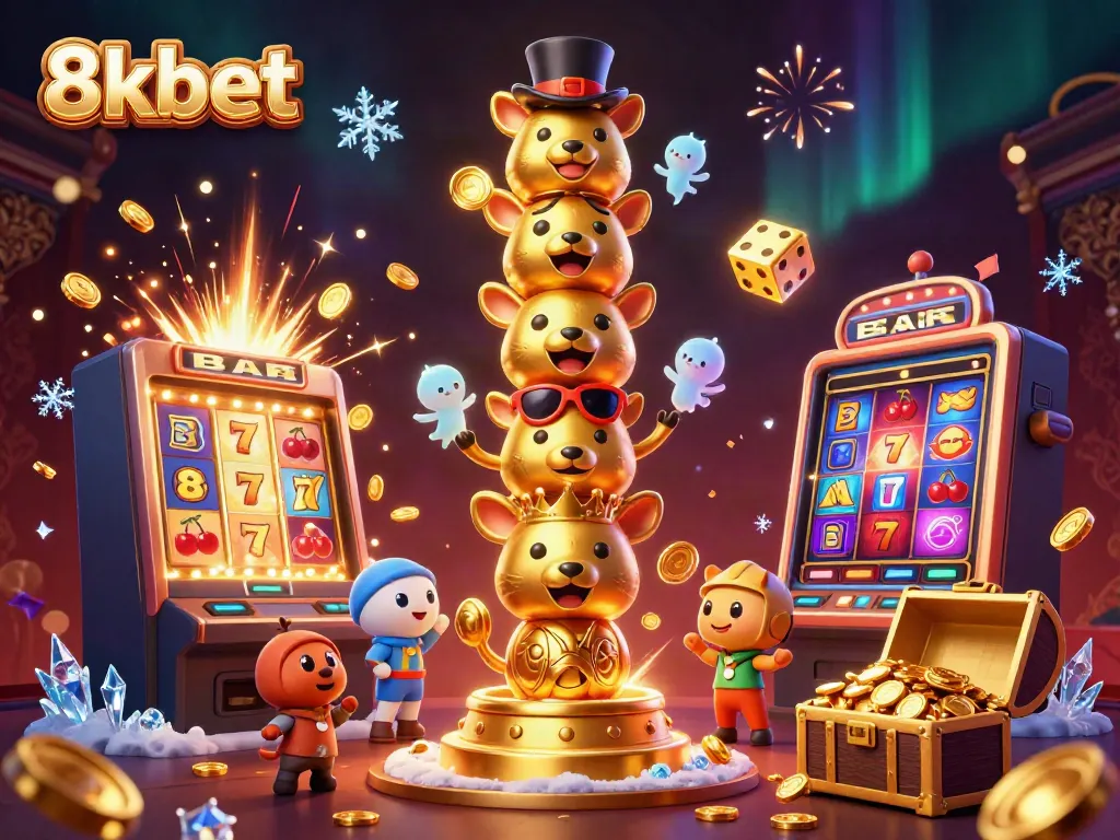 Experience exciting jackpots at 8xbet with a lively 3D casino scene illustrating winning moments.