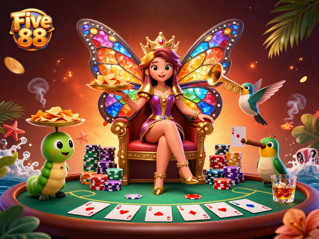 Experience the excitement of Five 88, featuring a vibrant cartoon scene with poker elements and a whimsical butterfly queen.