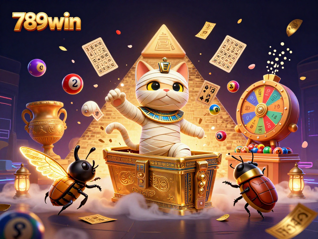 Experience thrilling action at 789win with glowing Egyptian characters amidst colorful gaming elements.