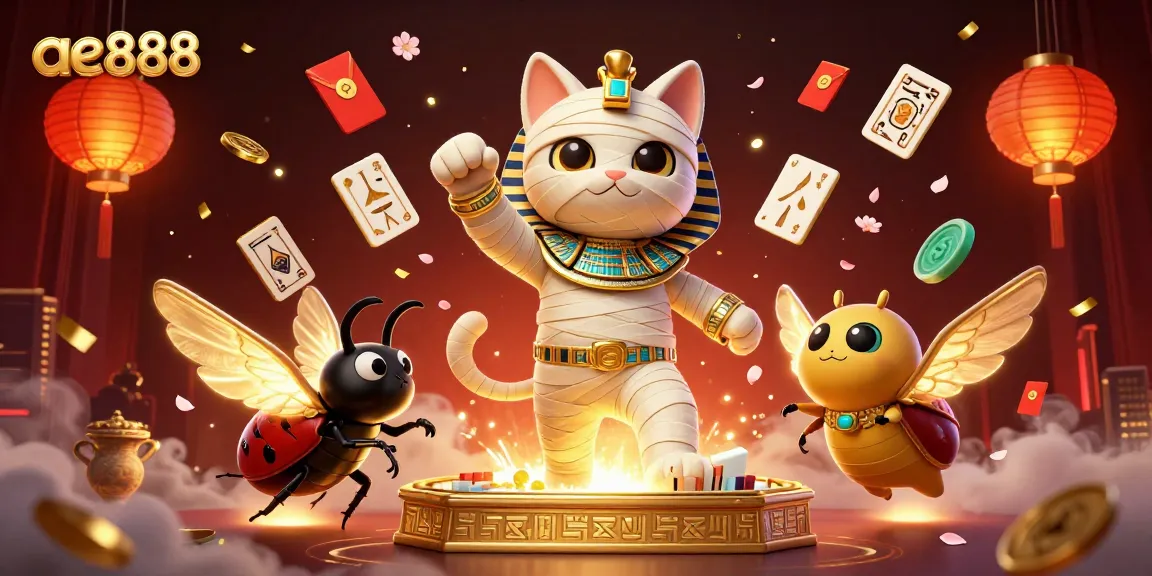 Experience the vibrant world of ae888 with an Egyptian mummy cat, glowing scarab, and casino-themed elements.