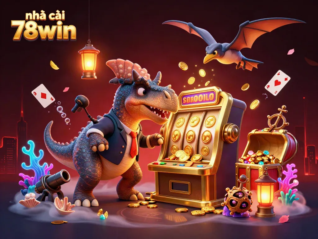 nhà cái 78win jackpot scene with a cartoon dinosaur, a casino manager, and flying coins
