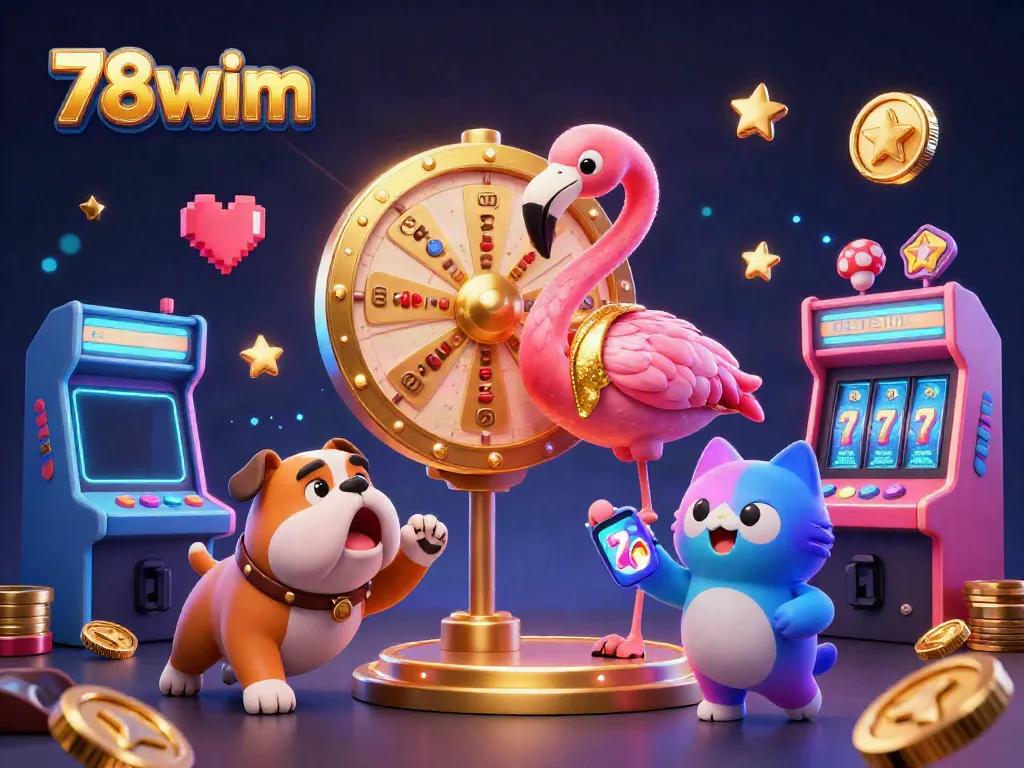 Engage in thrilling gameplay with 78wim's vibrant casino scene featuring a game show host, bulldog contestant, and prize scoreboard.