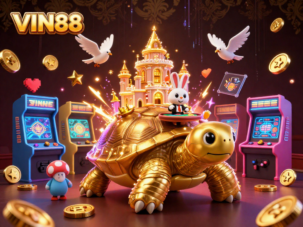 Engage in the vibrant world of VIN88, where a gigantic golden tortoise hosts a magical casino experience.