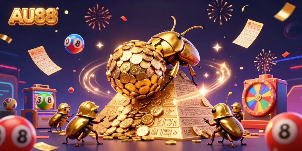 Join the excitement at AU88, as a massive golden beetle rolls coins up a pyramid in this vibrant casino scene.