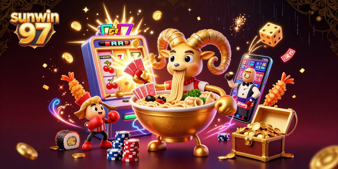 Engage with sunwin 97 under vibrant neon lights in this colorful casino scene featuring dynamic characters.