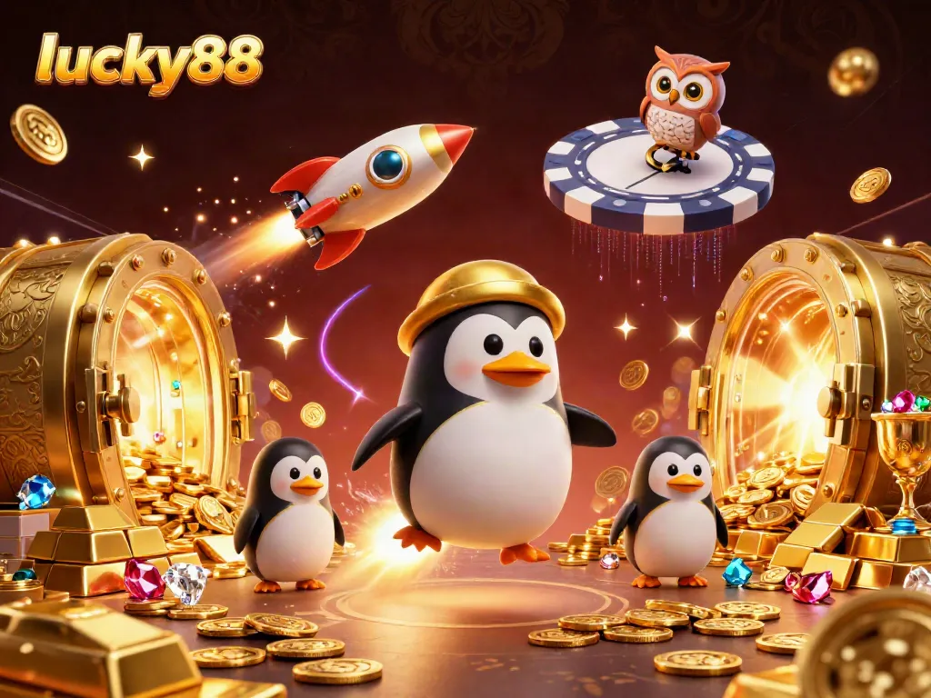 Experience the vibrant universe of lucky88 with a golden penguin and rich casino elements.