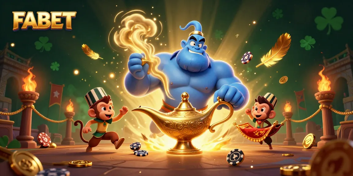 Experience the thrill of gambling at FABET with an enchanting genie, playful monkey, and poker chips.