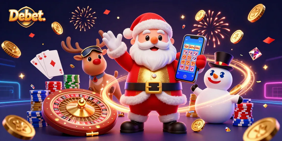 Engage with Debet. in a vibrant casino scene featuring Santa and friends winning at slots.