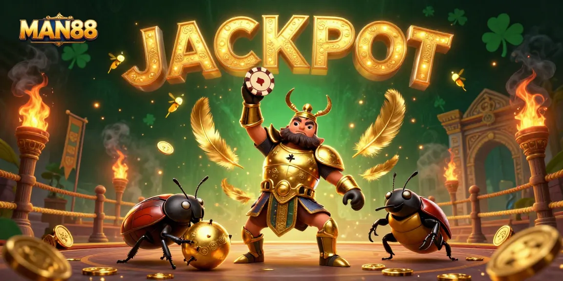 Experience victory with MAN88 as a golden beetle triumphs in a vibrant casino arena.