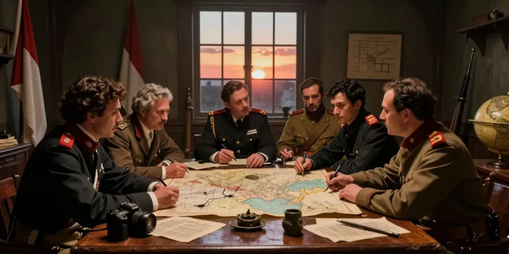 ROKOK88 depicts a historical scene of Dutch-Indonesian conflict with activists planning strategies over a map.