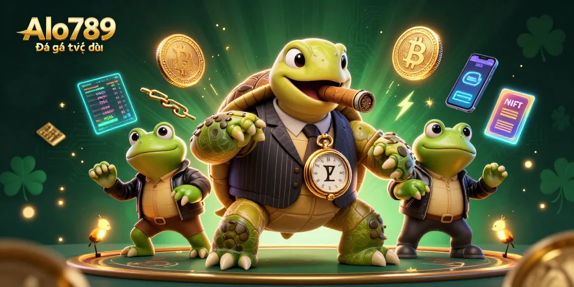 Alo789 Đá gà trực tiếp engaging scene with a turtle in a suit and bullfrog enforcers against a vibrant casino backdrop.