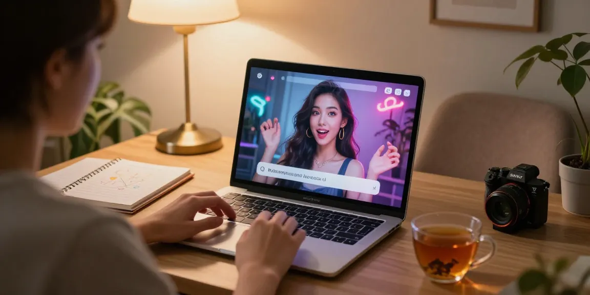 Engaging NSFW AI chat scene showcasing a user interacting with a personalized AI girlfriend persona on a laptop.