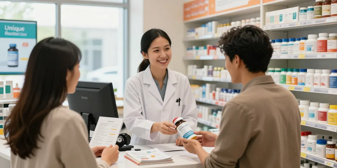 Unique Pharma Shop producten worden gepresenteerd door een vriendelijke apotheker in een moderne apotheek.
