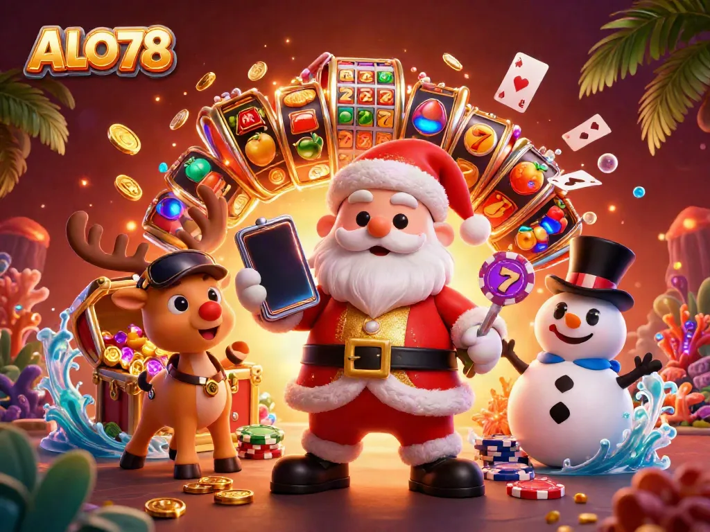 Experience the thrill of ALO78 with Santa and friends enjoying casino games in a vibrant atmosphere.