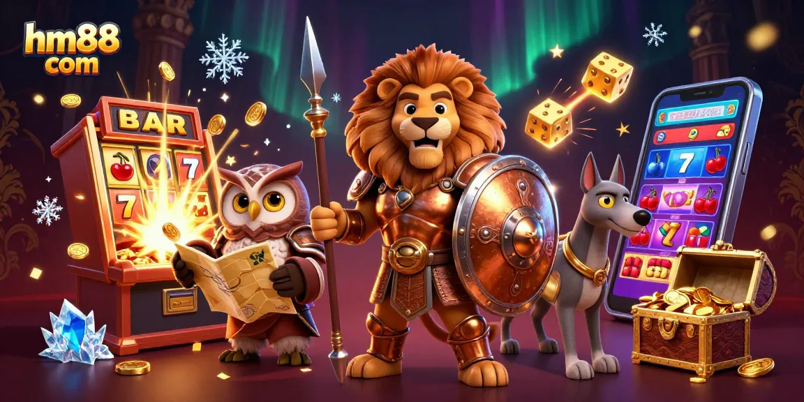 Experience thrilling gameplay at hm88 com with a 3D casino illustration featuring a Spartan lion and dynamic casino elements.