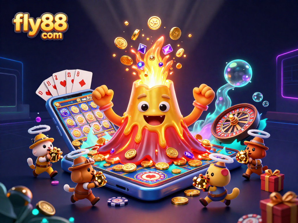 Experience the thrill of gambling at fly88 com with a dynamic volcano erupting treasure amidst vibrant casino elements.