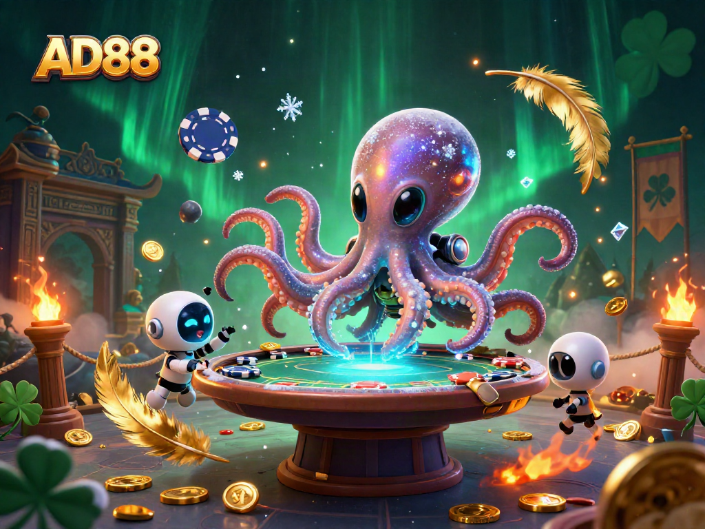 Engage in thrilling poker action with AD88's vibrant 3D alien octopus and robot companion.