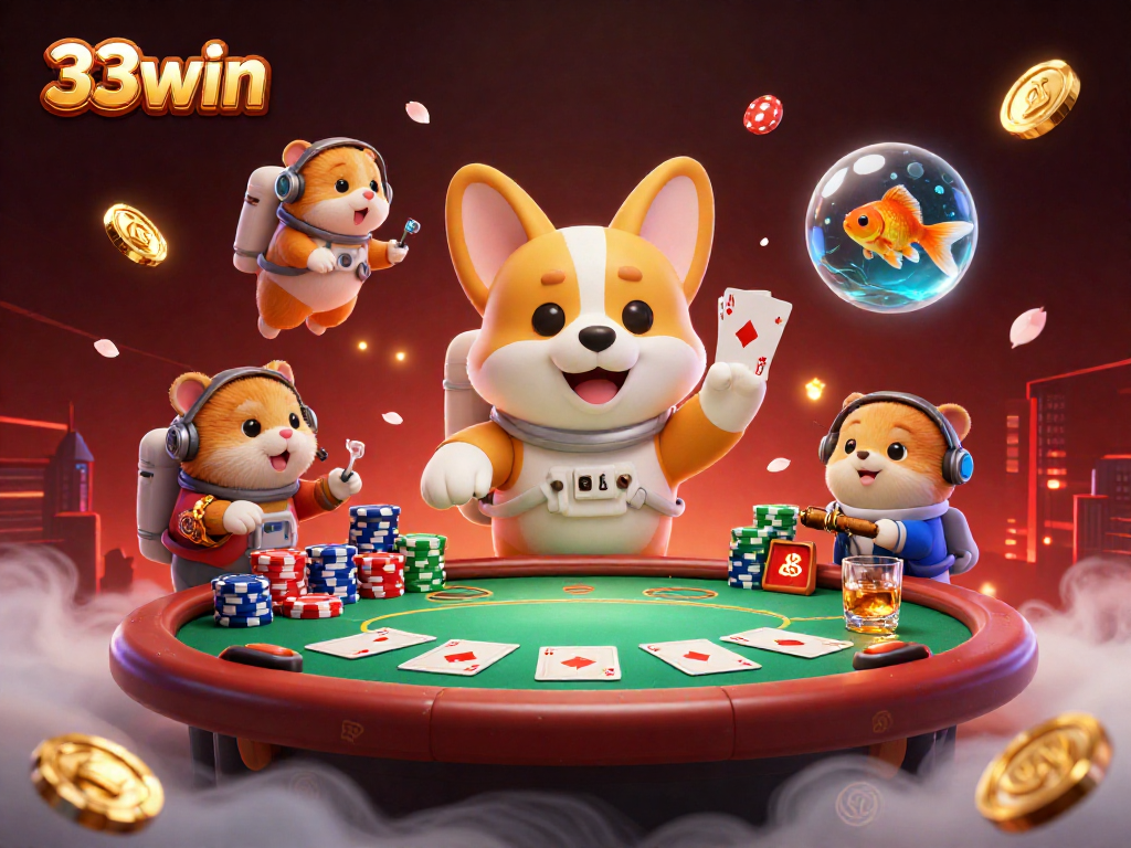 Experience thrilling gameplay at 33win with an astronaut corgi in a dynamic casino scene.