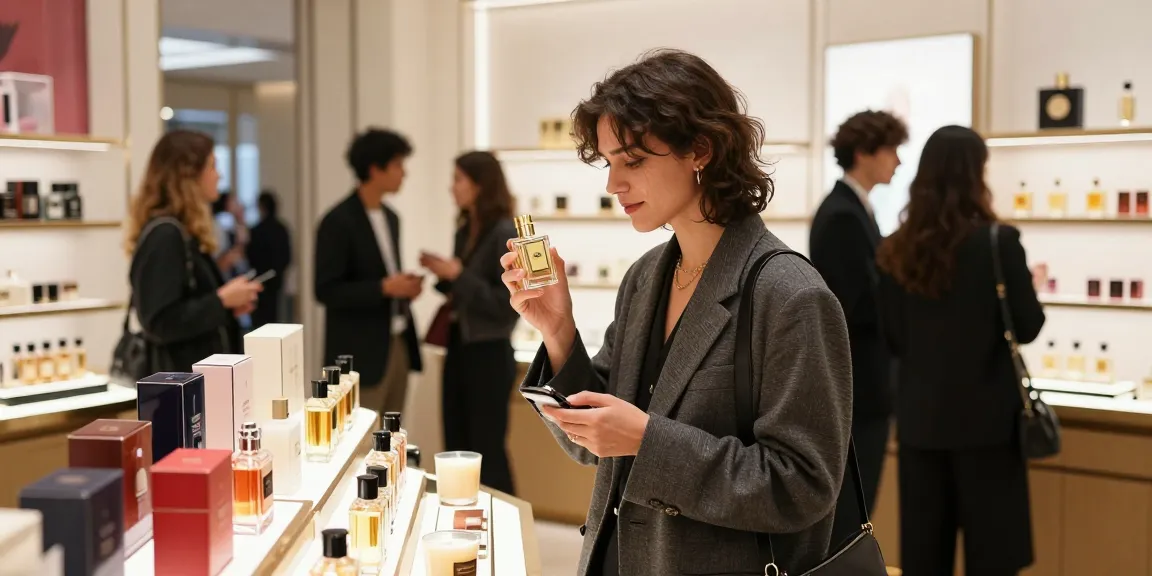Ontdek de luxe van liquid brun parfum in een elegante parfumwinkel met sfeervolle displays.