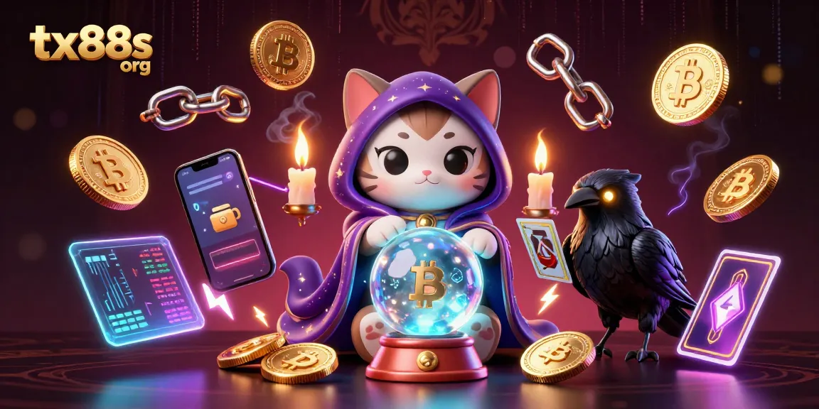 Experience immersive gaming at tx88s org with a mystical 3D illustration of a fortune teller cat and a tarot raven