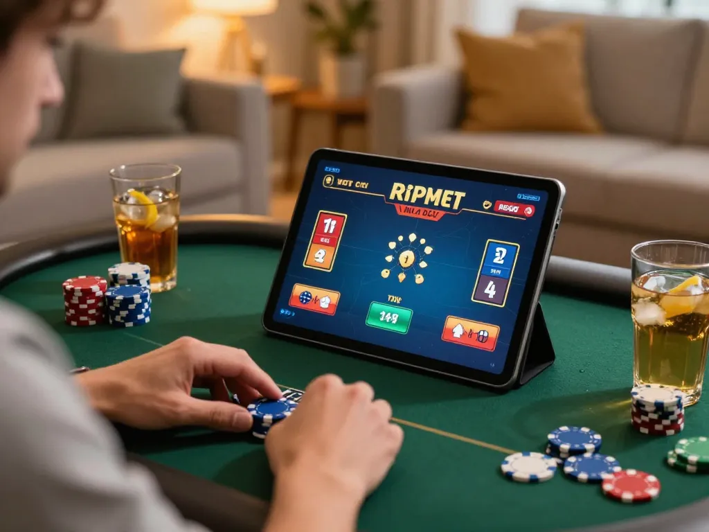 Player enjoying an engaging online poker game on lu88 tablet in a cozy living room.