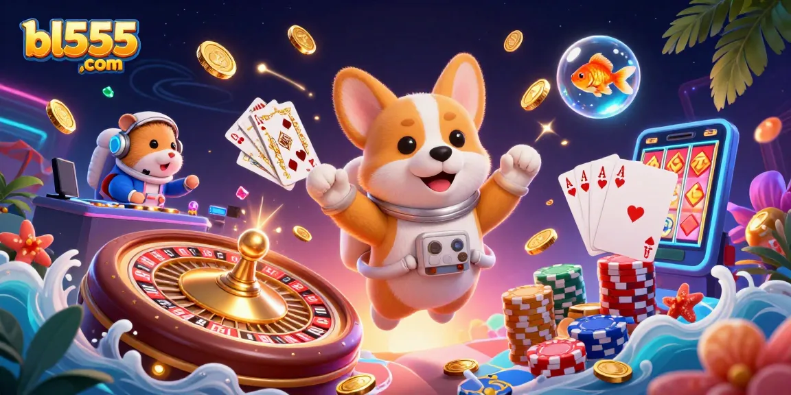 Experience exciting gameplay at bl555,com with a dynamic 3D casino illustration featuring a corgi astronaut!