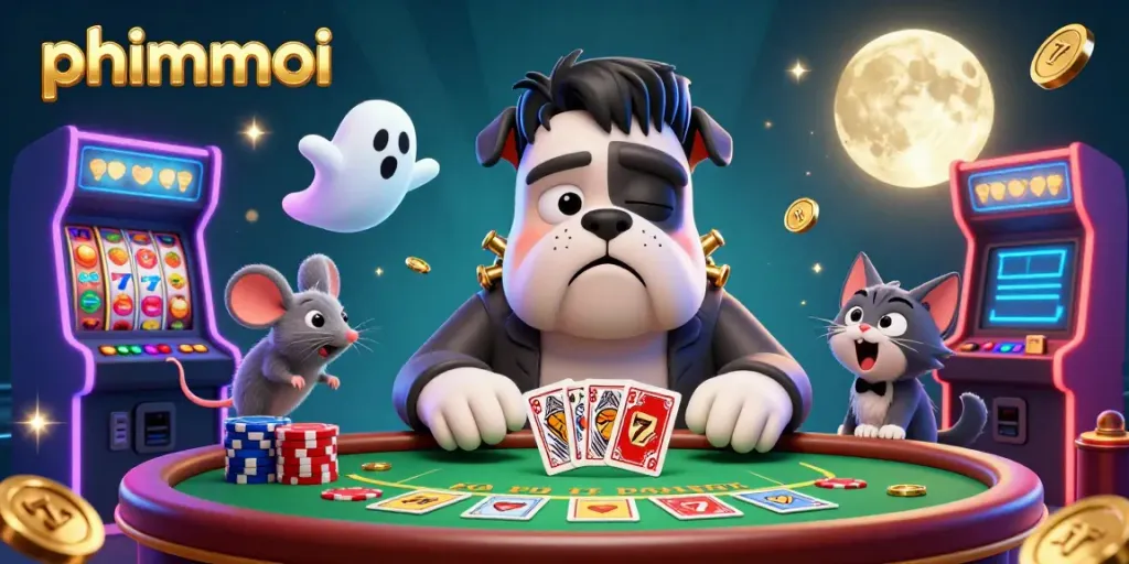 Phimmoi's engaging casino scene with colorful characters enjoying a vibrant game of cards.