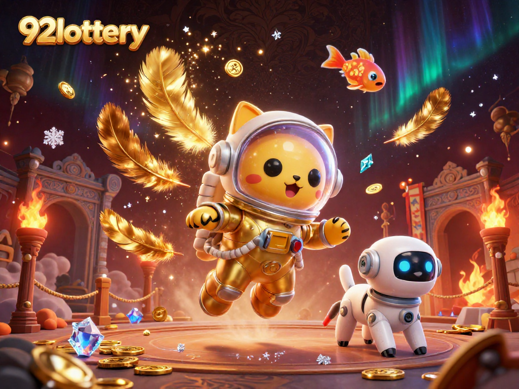 Engage with 92lottery's captivating space-themed scene featuring a golden astronaut cat, robot dog, and galactic elements.