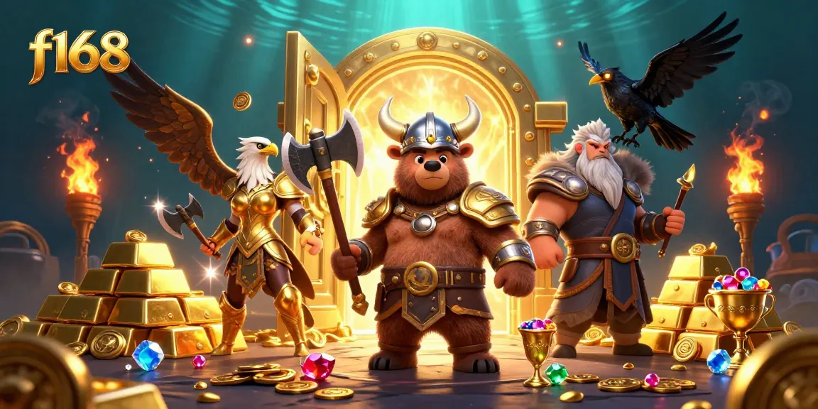 Experience f168 with a 3D Viking bear and Valkyrie eagle in a dynamic treasure scene.