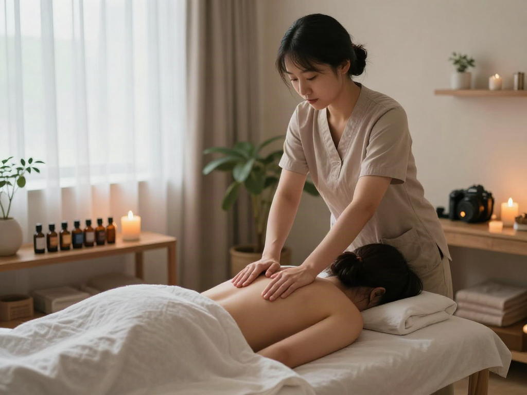 일산출장마사지 in a tranquil massage room with a relaxing atmosphere and soothing elements.