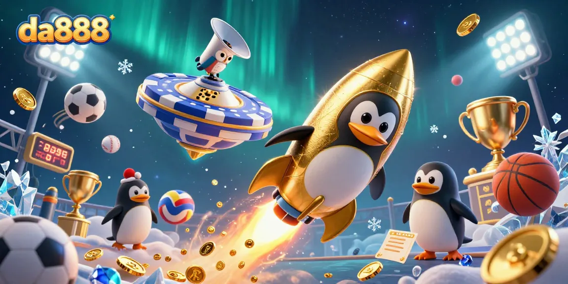 da888 promotions showcased featuring a golden penguin and dynamic sports elements in a casino-themed illustration
