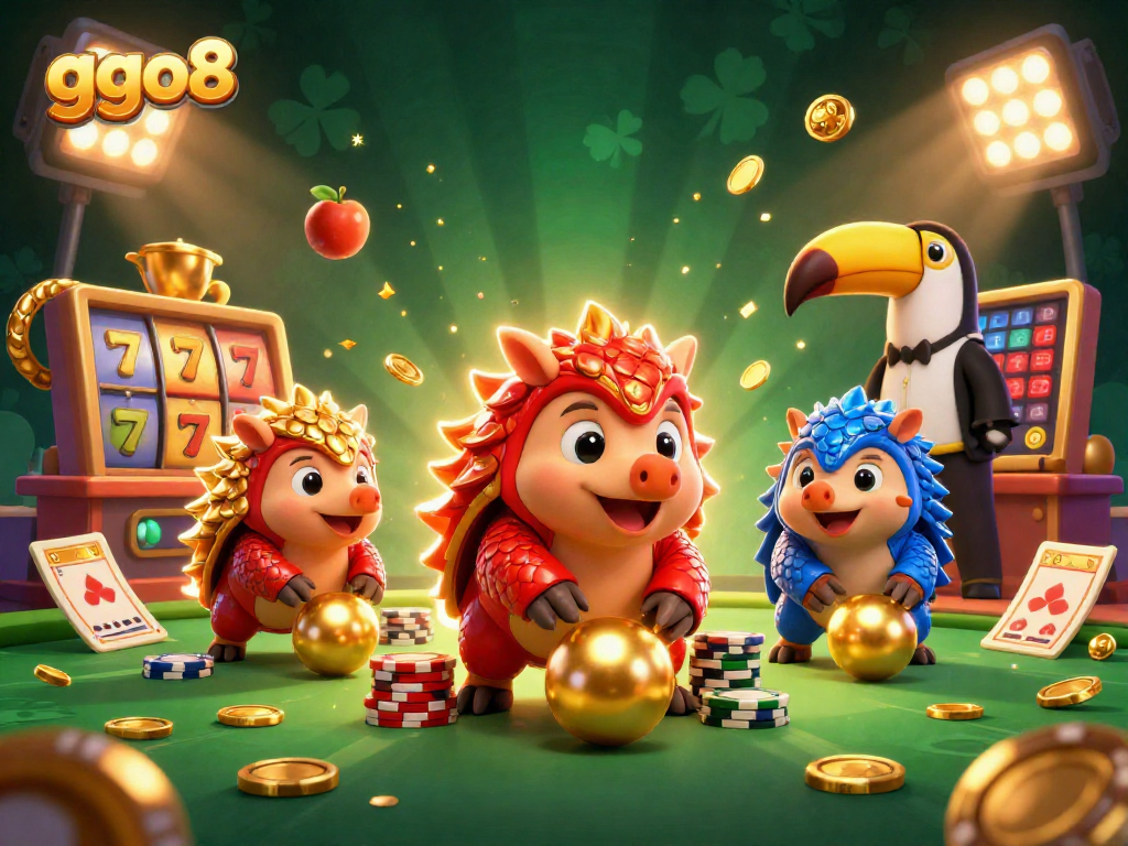 ggo8 gaming duo of rival pangolins competing in a dynamic casino-themed illustration