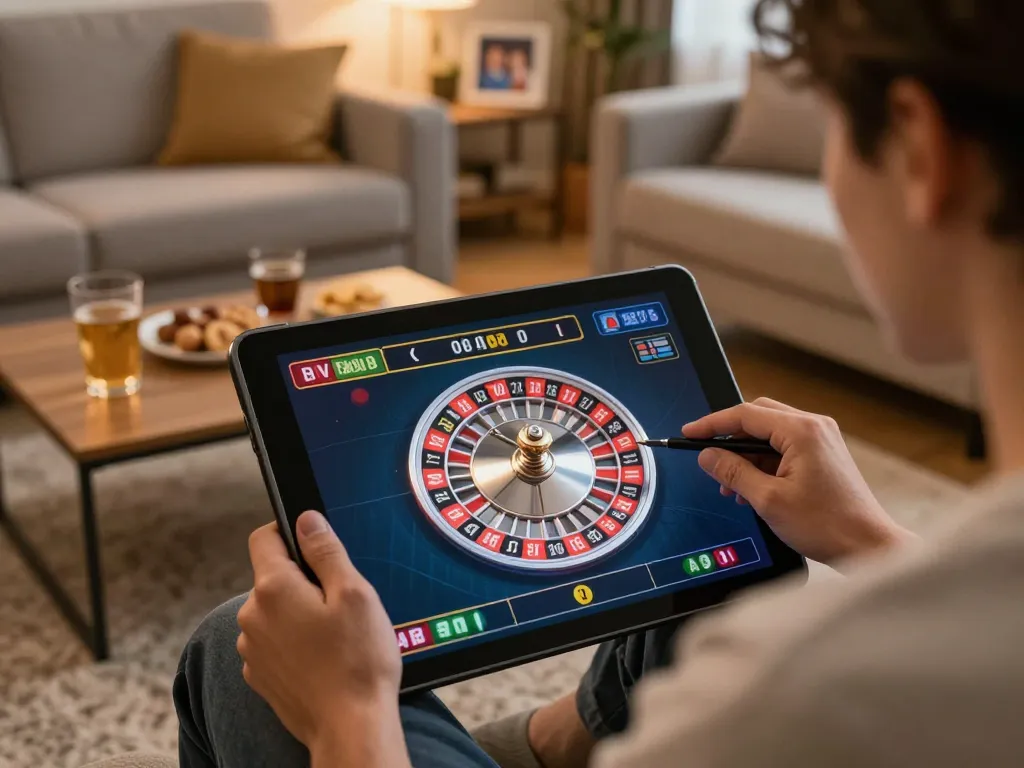 Experience the thrill of online gambling with red88 roulette on a tablet, cozy living room ambiance.