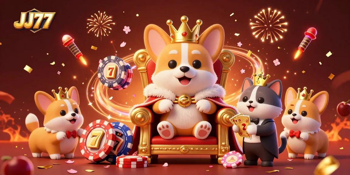 Experience thrilling gaming at JJ77 with vibrant 3D illustration showcasing royal corgi and luck-themed elements.